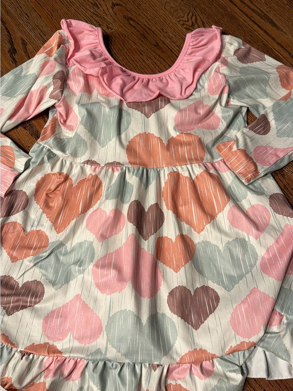 Boutique Girls Heart Print Ruffle Neck bow Dress - Pink, Peach, Mint Sz 6XL